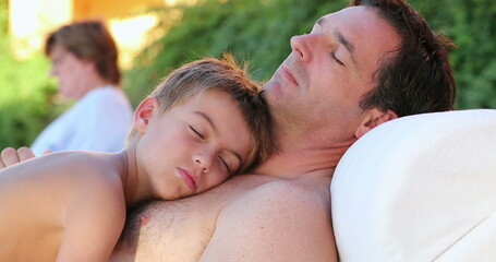 Wall Mural - Dad and son together sleeping outdoors