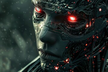 Poster - A robotic entity with bright red eyes emitting a strong red glow, A cybernetic being with glowing red eyes and intricate circuitry covering their metallic skin
