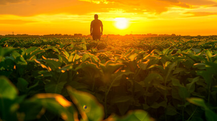 Wall Mural - Agricultural Beauty: Farmer and Sunset in Soybean Field
