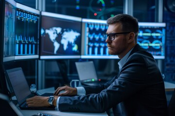 Poster - a cyber risk analyst is sitting at a desk in front of a computer, assessing potential impacts, a cyb