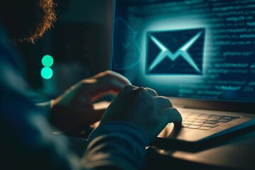 Poster - A cybersecurity analyst is typing on a laptop with a green light glowing in the background, A cybersecurity analyst examining a phishing email