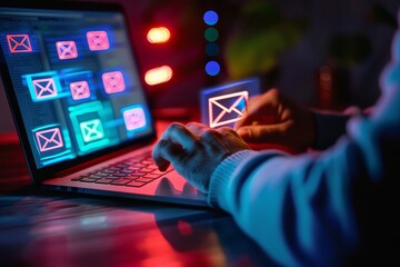 Poster - A cybersecurity analyst is typing on a laptop with email icons on the screen, A cybersecurity analyst examining a phishing email