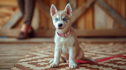 Sticker -   An image of a white and brown dog with blue eyes sitting on a brown and white checkered floor beside a person