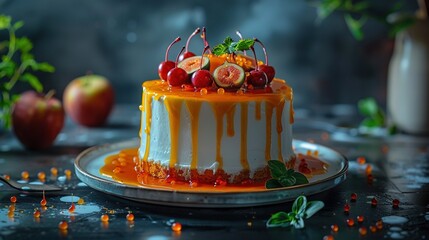 Sticker -  A cake sits on a decorated cake plate with iced fruit, adjacent to apples