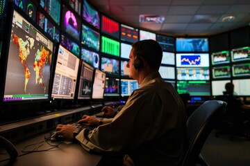Poster - a cybersecurity expert sits at a desk, closely monitoring network traffic on multiple screens, a cyb