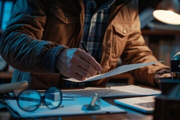 Poster - A person sitting at a desk, writing notes on a paper with a pen, A cybersecurity forensics expert collecting evidence for a legal case