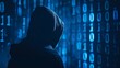 © SKIMP Art - Silhouette of hacker in a hood against a binary code background, in a dark blue color with copy space area Generative AI