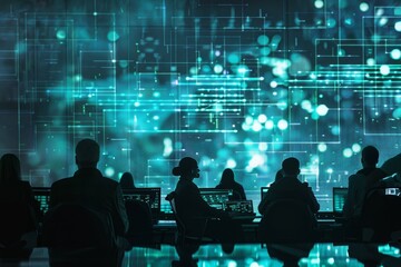 Canvas Print - A group of people sitting at a table, collaborating on cybersecurity tasks using laptops, A cybersecurity team responding to a cyber incident in real time