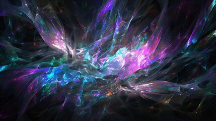 Wall Mural - An ethereal abstract design showcasing iridescent colors refracting through a 3D glass texture against a dark background, creating a mesmerizing effect.