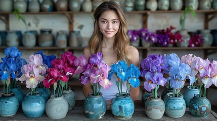 Sticker -   A woman stands in front of a collection of vases filled with various colored flowers, including purple, blue, and pink, positioned in front of a shelf of additional vases