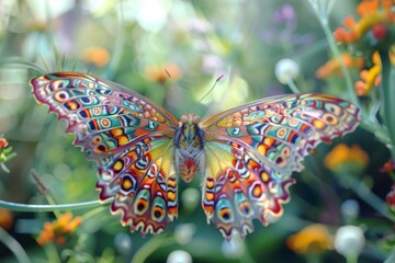 Wall Mural - A vibrant butterfly perches on a lush green plant, A delicate creature with vibrant patterns and colors fluttering through a lush garden