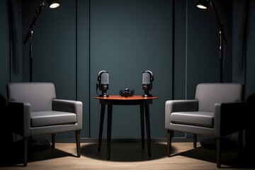 Two chairs and microphones in podcast or interview room isolated on dark background Generative AI
