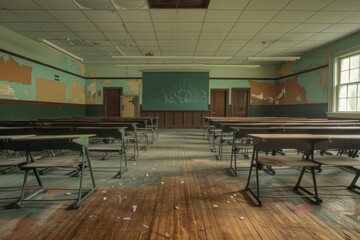 Poster - An unoccupied classroom with numerous desks arranged in rows and a chalkboard at the front, A deserted classroom with rows of empty desks and chairs