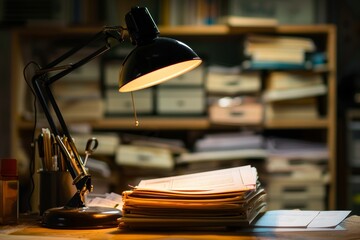 Poster - A desk with organized stacks of papers under the glow of a lamp, A desk lamp illuminating a pile of documents