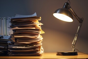 Poster - A stack of papers sits on a desk next to a lamp, illuminated by its light, A desk lamp illuminating a pile of documents