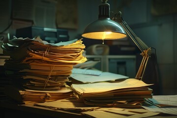 Poster - Stack of papers placed on desk illuminated by nearby desk lamp, A desk lamp illuminating a pile of documents