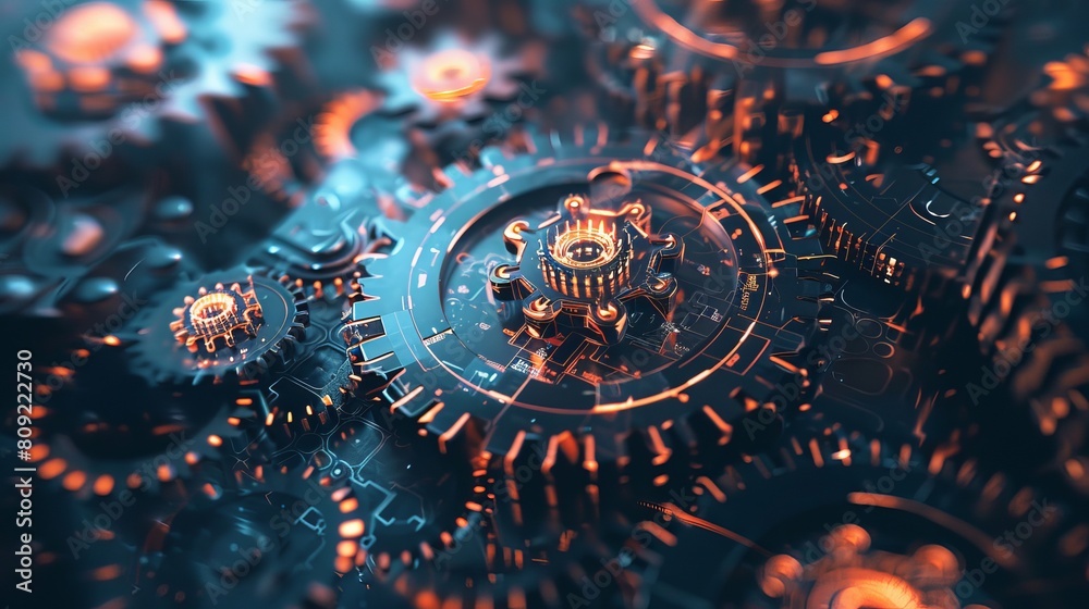 Cogs and gear wheel mechanisms symbolize hi-tech digital technology and ...