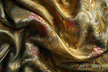 Wall Mural - Detailed view of intricately woven gold and pink silk fabric, A detailed depiction of silk fabric with a subtle sheen