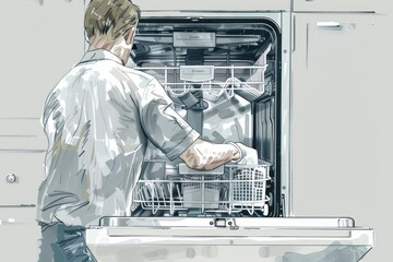 Poster - A man standing in front of an open dishwasher in a detailed drawing, A detailed drawing of a handyman replacing a broken part in a dishwasher