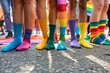 © Aliaksandr Siamko - A group of people are standing in a line with rainbow colored socks