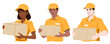 Set of couriers, men and women, wearing yellow shirts and caps, holding cardboard boxes in their hands. Flat design illustration.