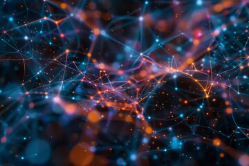Complex network of connected blue and orange lines creating a visual representation of interconnectedness, a digital brain visualized as a intricate web of connections and nodes