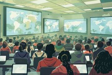 Poster - A busy classroom full of diverse individuals typing on laptops, A digital classroom filled with students from around the world