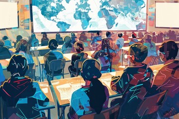 Poster - Several individuals sitting at desks in a digital classroom, facing a large projection screen, A digital classroom filled with students from around the world