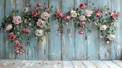 Wall Mural -   A painting of pink and white roses on a blue-paneled wooden wall adorned with foliage and blossoms