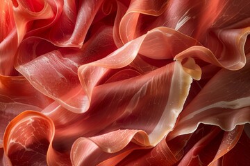 Wall Mural - Detailed view of overlapping red and orange fabric in a digital collage, A digital collage featuring overlapping prosciutto slices