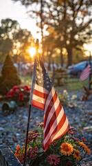 American military cemetery with flag