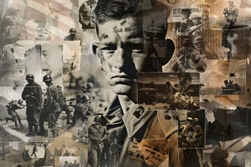 A collage featuring a man in various military uniforms from different historical periods, A digital collage of historical war photographs and quotes