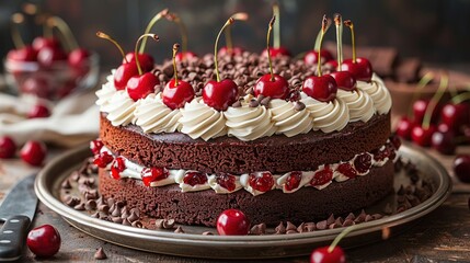 Wall Mural -   A picture of a chocolate cake with white frosting and cherries on a plate, adorned with tongs nearby