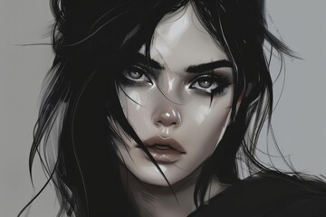 Poster - Digital drawing of a woman with piercing eyes and striking black hair, A digital drawing of a woman with piercing eyes and a strong presence