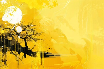 Sticker - Digital illustration of a tree with vibrant yellow background, A digital illustration showcasing a yellow background with digital effects