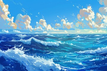 Wall Mural - Painting depicting a blue ocean under white clouds, conveying a serene atmosphere, A digital interpretation of a tranquil blue ocean scene with gentle waves against a vibrant blue background