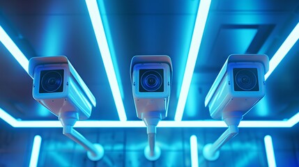 Aufkleber - Futuristic surveillance cameras monitoring in a neon-lit corridor. Security and privacy concept in a modern style setting. Ideal for tech and safety themes. AI