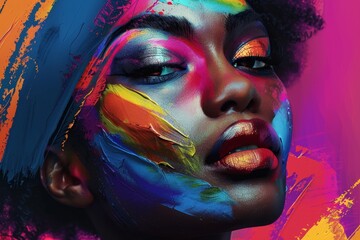 Poster - A womans face painted with vibrant and bold colors, A digital painting showcasing a woman with bold and colorful makeup