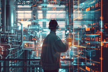 Poster - A man in engineering attire inspecting a massive industrial machine in a factory setting, A digital rendering of a factory engineer analyzing data to improve operations