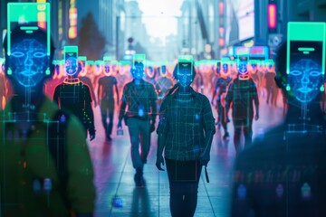 Poster - A group of people walking beside towering buildings in an urban setting, A digital representation of facial recognition technology tracking individuals in a crowd