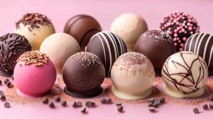 Sticker -   A collection of chocolates aligned on a pink surface, adorned with sprinkles surrounding them