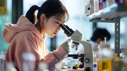 Aufkleber - young researcher using a microscope in a modern lab setting. candid shot of concentrated scientist. 