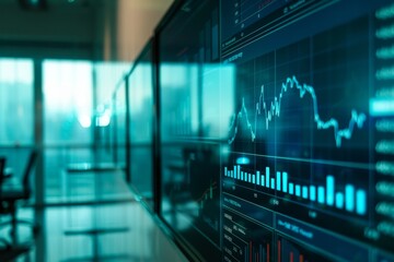 Poster - A computer screen displaying a detailed chart with various data points and trends, A digital screen displaying graphs and charts of data trends in an office setting
