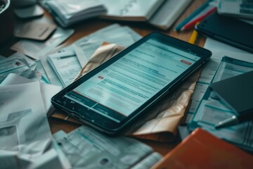 Poster - a cell phone lying on top of a stack of various papers and documents, a digital tablet showing a var