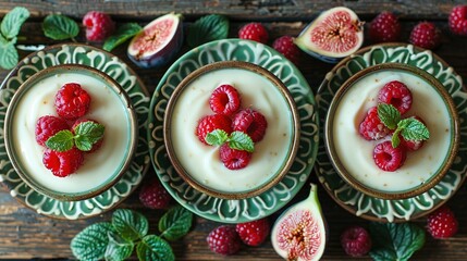 Poster -   Three raspberry and whipped cream desserts on a green and white plate, set on a wooden table surrounded by leaves and figurines