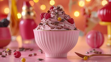 Sticker -   A bowl of ice cream with raspberries and pistachios on a pink table under lights