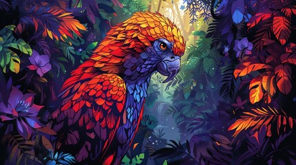 Wall Mural - A colorful parrot is standing in a lush green forest