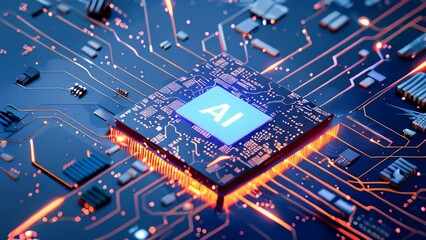 Poster - Abstract futuristic AI chip on a circuit board background, high tech and artificial intelligence concept animation