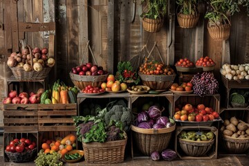 Wall Mural - Various fruits and vegetables showcased in crates and baskets, A display of seasonal produce in crates and baskets