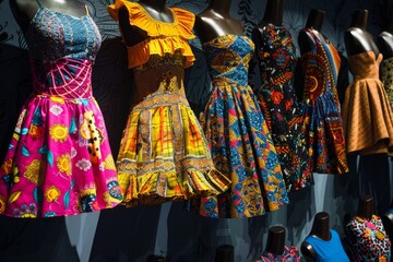 Mannequins showcasing a variety of colorful dresses and skirts in a vibrant display, A display of vibrant patterned dresses and skirts